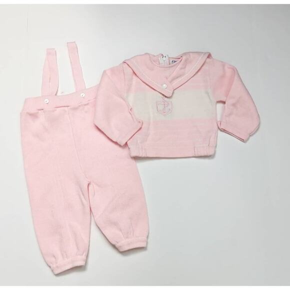 Vintage Friedknit Creations Outfit Baby Girl Sz 12m Pink Anchor Sailor Sweater - Picture 1 of 3